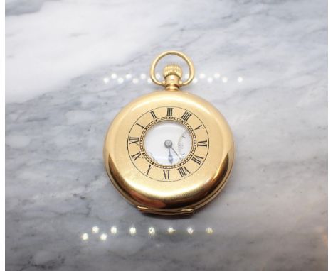 An 18ct gold cased half-hunter keyless wind Pocket Watch the white enamel dial with roman numerals and subsidiary dial, case 