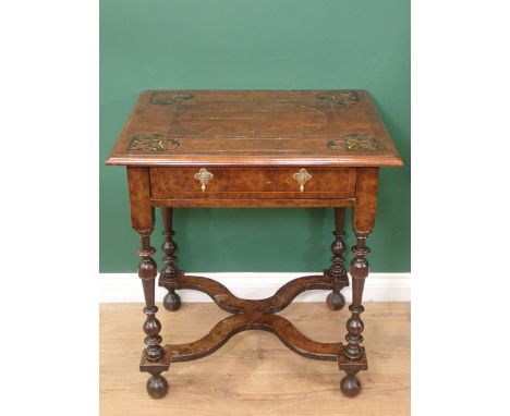 A 19th Century walnut veneered Side table fitted single drawer on turned supports with shaped flat stretchers, the top with c