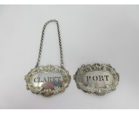 A pair of George IV silver Labels, Claret and Port, Birmingham 1826, maker: Matthew Boulton, one lacking chain 