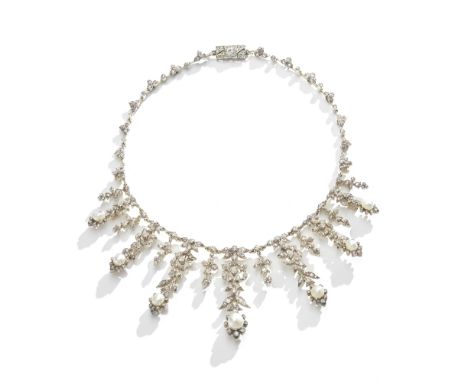 PEARL AND DIAMOND TIARA/NECKLACE, CIRCA 1890Composed of graduating foliate drops with old brilliant, single and rose-cut diam