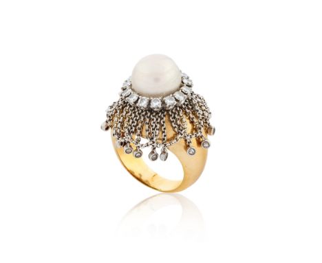 PEARL AND DIAMOND RING,The 10.2mm pearl, within a brilliant-cut diamond surround, issuing a fringe of fine-link chain swags a