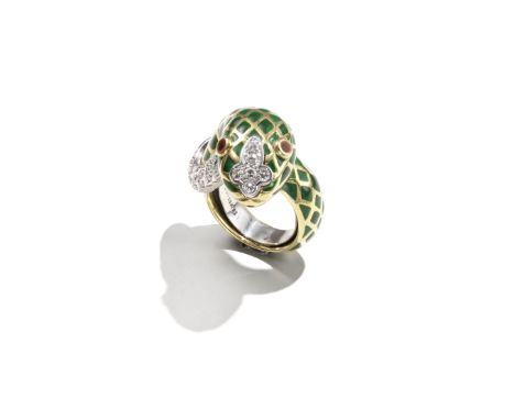 DAVID WEBB: ENAMEL AND DIAMOND-SET SERPENT RINGWith red enamel eyes and green enamel scales, accented by brilliant-cut diamon