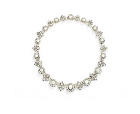 NATURAL PEARL AND DIAMOND NECKLACE/BRACELET COMBINATION, CIRCA 1880The graduation of natural pearl and cushion-shaped diamond