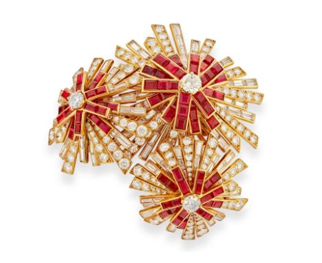 CARTIER: RUBY AND DIAMOND CLIP AND EARCLIP SUITE/BROOCH COMBINATION, CIRCA 1960The brilliant-cut diamond within a tiered, rad