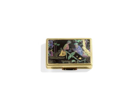 CARTIER: ART DECO LAQUE BURGAUTÉ AND GEM-SET CASE, CIRCA 1925The black lacquer exterior lid and base inlaid with iridescent m