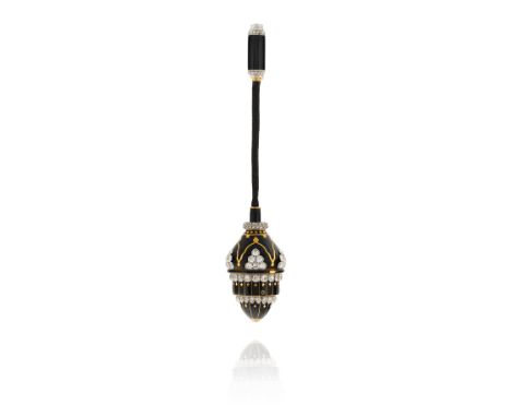 CARTIER: ENAMEL, ONYX AND DIAMOND FOB WATCH/BROOCH, CIRCA 1925Of Persian inspiration, the black enamel pendant with gold arab