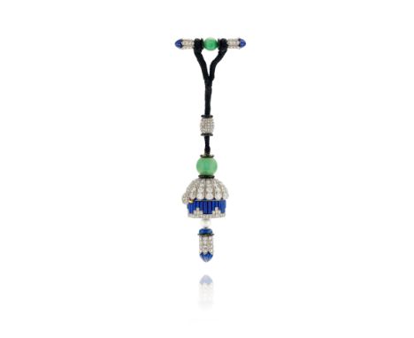 JANESICSH: LAPIS LAZULI, DIAMOND, ENAMEL AND GEM-SET FOB WATCH/BROOCH, CIRCA 1925The watch case composed of lapis lazuli bato