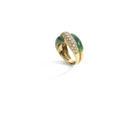 VAN CLEEF &amp; ARPELS: CHALCEDONY AND DIAMOND RING, CIRCA 1980Of bombé crossover design, pavé-set with brilliant-cut diamond