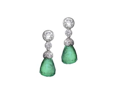 PAIR OF EMERALD AND DIAMOND EARRINGS, EARLY 20TH CENTURYEach briolette-cut emerald drop, suspended from an old brilliant-cut 