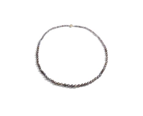 NATURAL PEARL, DIAMOND AND COLOURED DIAMOND NECKLACEThe single strand of ninety 3.4-7.4mm natural pearls of black tint, gradu