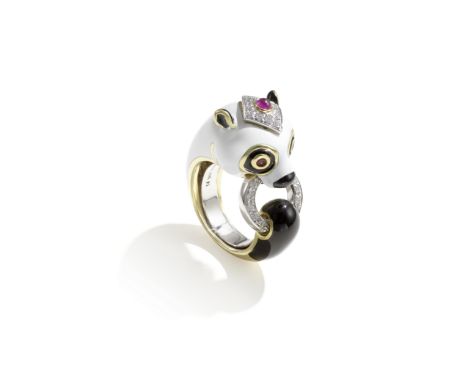 DAVID WEBB: RUBY, ENAMEL AND DIAMOND-SET PANDA RINGWith cabochon ruby and brilliant-cut diamond cap and red enamel eyes, play