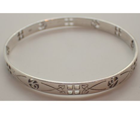 Charles Rennie Mackintosh silver bangle with floral and square motif