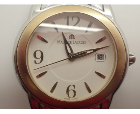 Maurice Lacroix gents two tone wristwatch with gold bezel and cream face CONDITION REPORT: This item is working at lotting.