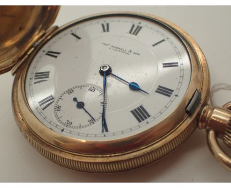 Gold plated crown wind half hunter pocket watch marked Thomas Russell Liverpool ( lacking glass ) CONDITION REPORT: This item