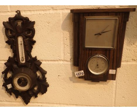 Black Forest style carved wood barometer thermometer and a further example