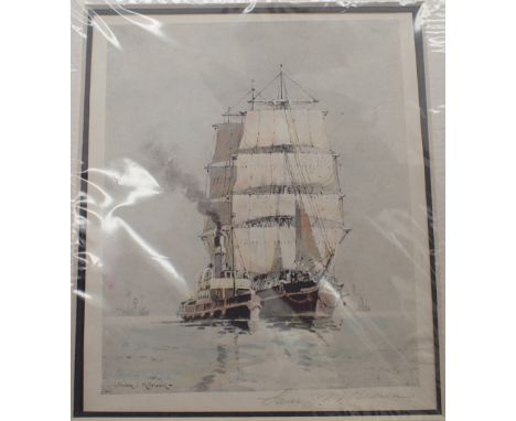 Signed maritime colour lithograph of sailing ship and tug by Samuel John Milton Brown