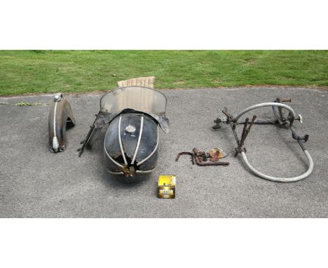 Steib S501 Sidecar, body, frame, Arch, parts and accessories. Including nose badge, wheel hub and nut, visor, seat, luggage r