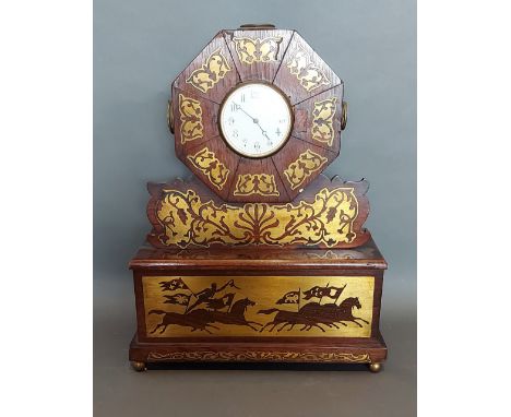 A 19th Century French rosewood and brass inlaid mantle clock of octagonal form, the circular dial with Arabic numerals with r