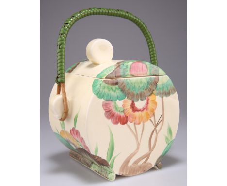 A CLARICE CLIFF BIZARRE 'AUREA' PATTERN BONJOUR BISCUIT BARREL, with a woven green cane handle, Clarice Cliff Bizarre Wilkins