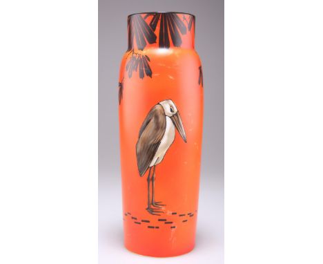 A ROYAL DOULTON SLEEVE VASE, BY HARRY ALLEN, painted with a stork beneath a black painted bough, to a vibrant orange-red grou