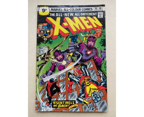 UNCANNY X-MEN #98 - (1976 - MARVEL - Pence Copy) - The X-Men battle the Sentinels - Wolverine seen out of costume for the fir