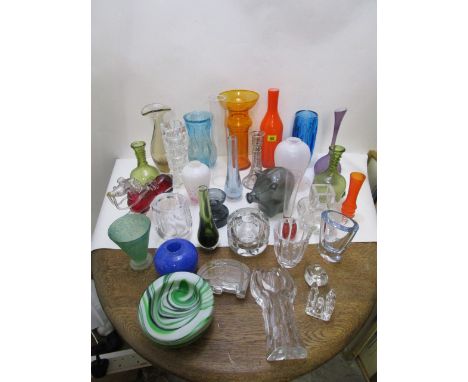 A collection of art glass to include a Scandinavian glass flask in the form of a horse and studio glass