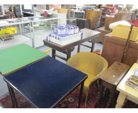 Mixed furniture to include an oak barley twist table, a standard lamp, a card table and a Lloyd Loom chair