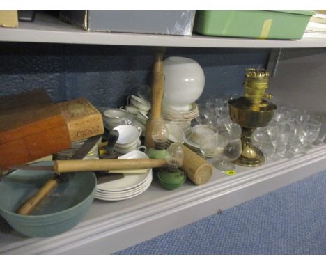 A mixed lot to include a brass oil lamp, glassware, a Noritake dinner service and other items