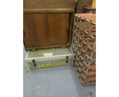 A vintage metal clad travelling trunk a forty bottle wood and metal wine rack and an oak shoe cabinet circa 1950