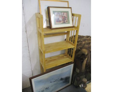 A modern light wood folding bookcase, 58 1/4 h x 22 3/4w together with mixed pictures