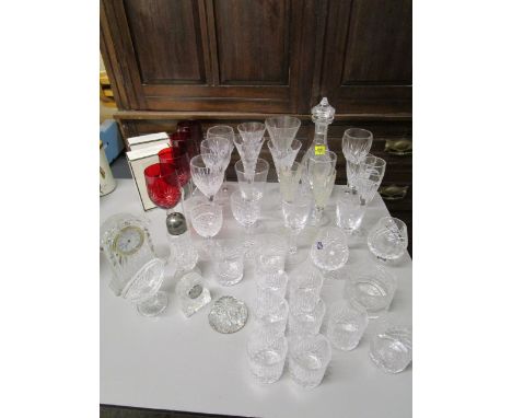 A selection of cut table glass to include a Waterford decanter and wine glasses