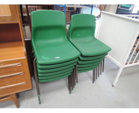 A set of 12 vintage school style chairs in green