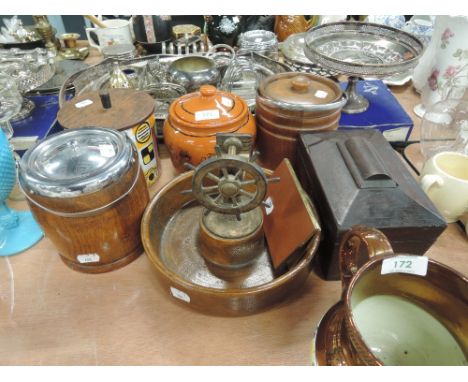 A selection of wooden treen including biscuit barrel and nut cracker