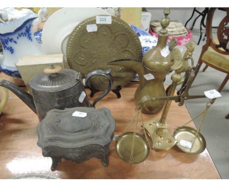 A selection of metal wares including brass balance scale and Indian plate