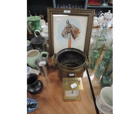A carriage clock and horse watercolour signed Ypres sept 1936