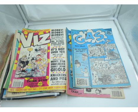 A selection of vintage adult magazines and comics including early Viz editions