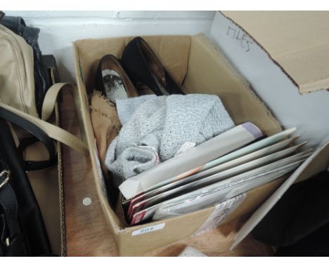 Small selection of vintage items including a pair of 1950s shoes, a vintage jumper, scarf and a quantity of stockings in pack