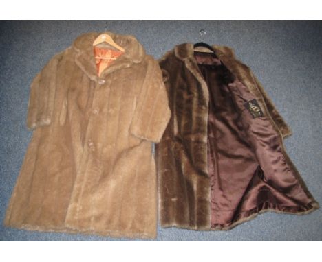 Two vintage pale faux fur three-quarter length coats; one is a pale brown/biege button up made by Marno Mink for Glenn Models