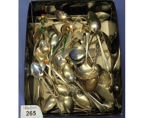 Small tray of assorted silver and plated loose cutlery to include: tea strainer; silver and enamel spoons; teaspoons; collect