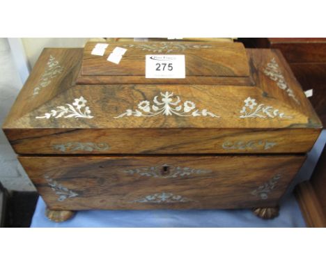 19th Century mother-of-pearl inlaid, sarcophagus shaped tea caddy containing two fitted canisters and associated mixing bowl 