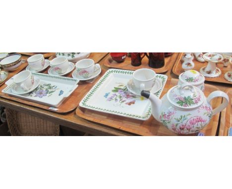 Two trays of Portmeirion 'Weeping Hearts' teaware items comprising: baluster teapot; cups and saucers; lidded sucrier, togeth