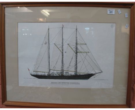 After C.V. Waine, 'Schooner T.S. Sir Winston Churchill', coloured print.  Framed and glazed.