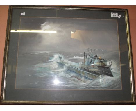 British School, of naval history interest, British First World War period submarine in heavy seas, watercolours and gouache. 