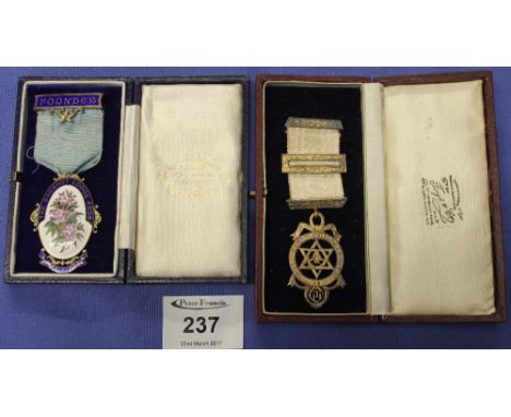 Silver and enamel Masonic Founders Jewel in original case, together with silver gilt Masonic Royal Arch Jewel in original cas
