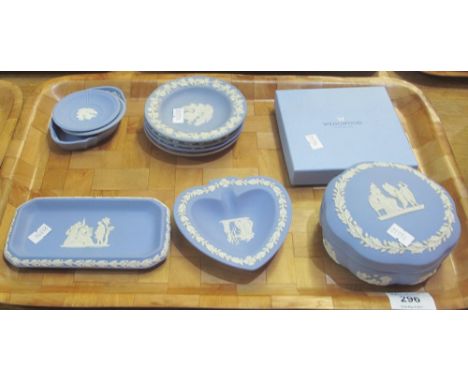 Tray of Wedgwood blue and white Jasper ware items comprising: trinket box and cover; pin dishes; boxed Portland blue round tr