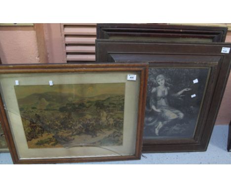 Military print, South African war battle scene in maple frame, together with two other large furnishing prints.  Framed. (3)
