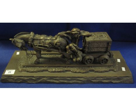 Robert Olley bronzed ceramic humorous study of a miner with pit pony and coal truck, on rails with naturalistic base.  Incise