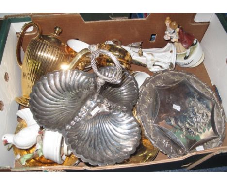 Tray of assorted china and metalware to include: Continental figurines; gold coloured tea service; silver plated three sectio