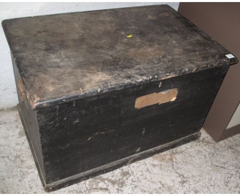 19th Century stained pine trunk with fitted candle box and metal carrying handles.
