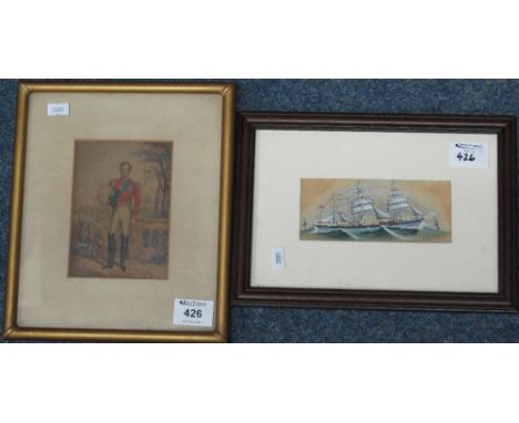Framed Baxter print of a military gentleman, together with a framed watercolour study of a clipper ship.  (2)